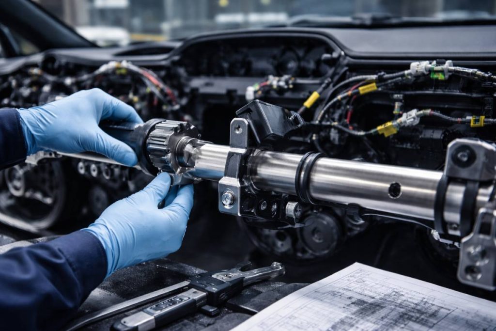 Technician assembling an automotive structural component during qualification, illustrating PA66 GF30 use in high-stability, tight-tolerance vehicle parts.