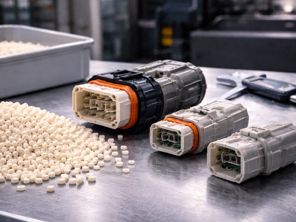 PA66 nylon automotive electrical connector housings on QC inspection table with resin pellets