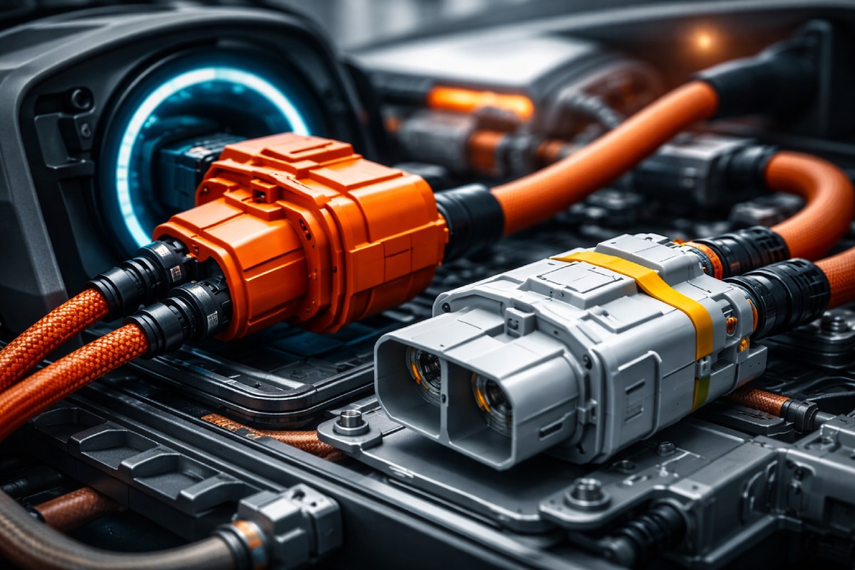 EV high-voltage connector close-up for 800V fast charging, illustrating PBT vs PA66 material selection